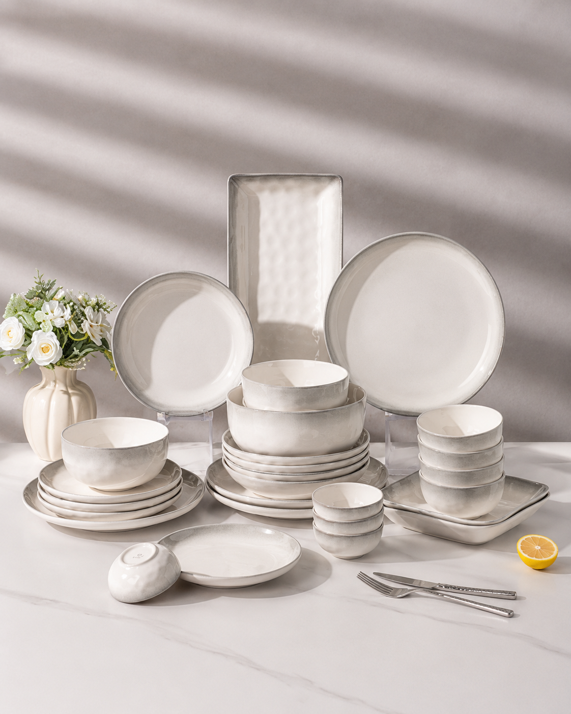 Stone Grey Ceramic Dinnerware Set – Seating for 8 for Hire