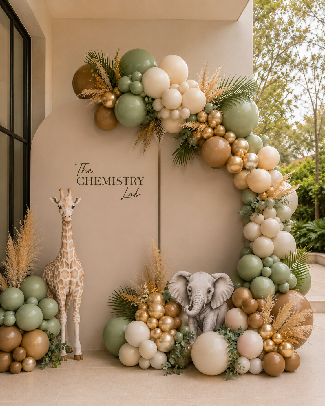 A decorative party backdrop setup with a large balloon arch in sage green, cream, and metallic gold, accented with faux palm leaves and dried grass. A gray elephant head decoration and a giraffe figure stand on the floor beside clusters of balloons.