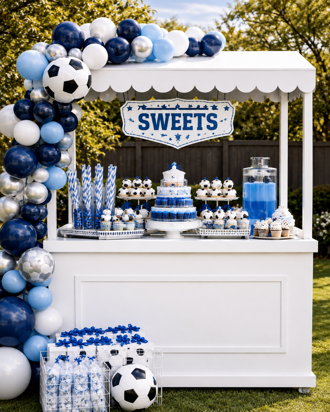 A white outdoor dessert cart decorated with blue, white, and silver balloons, soccer balls, striped straws, and a blue drink, with a sign reading 'SWEETS' above a dessert table.