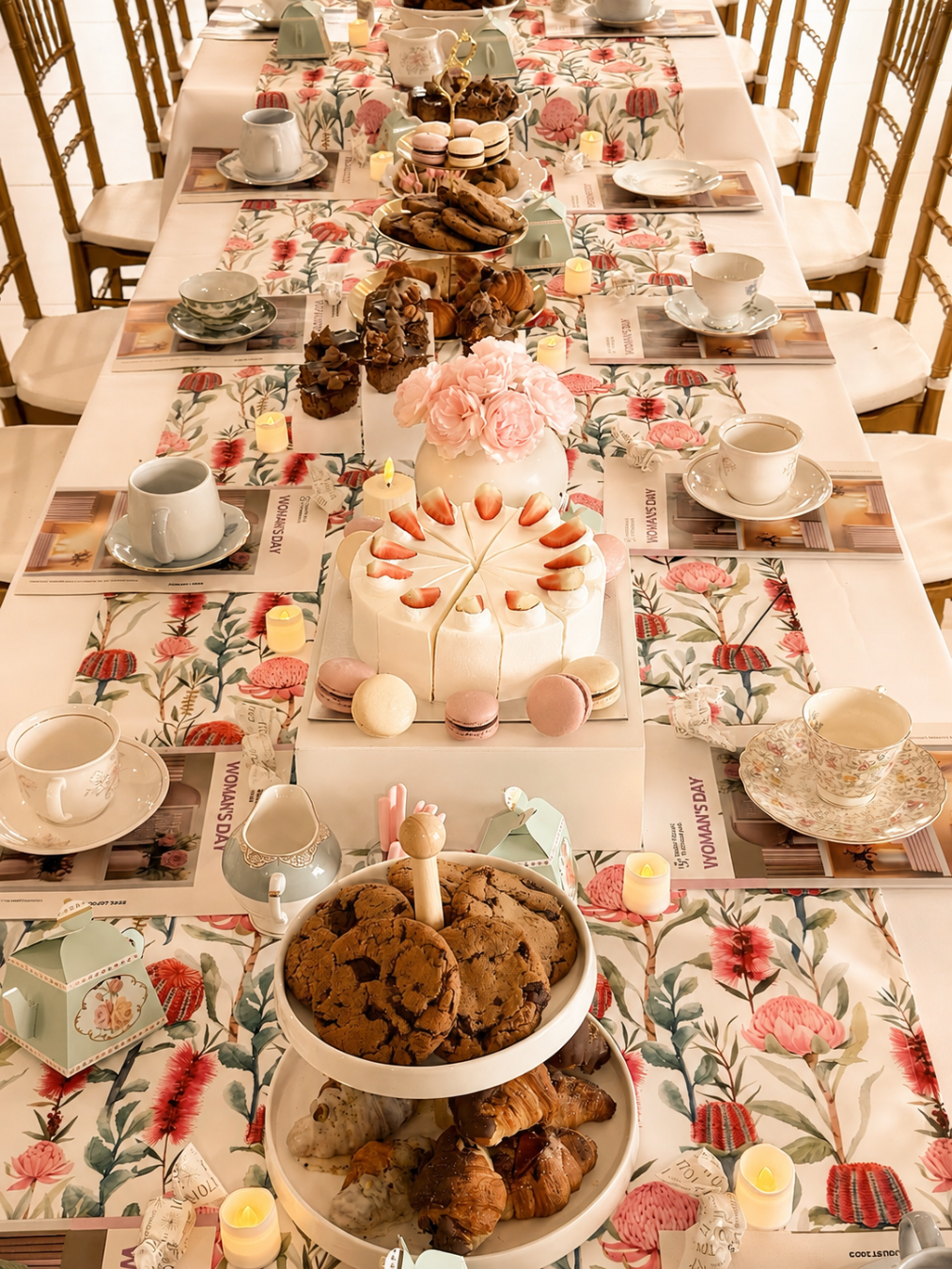 A long table set for tea or afternoon tea, featuring floral table runners, teacups, plates, macarons, pastries, and a decorated cake. The scene is styled in a bright indoor setting with wooden chairs visible around the table.