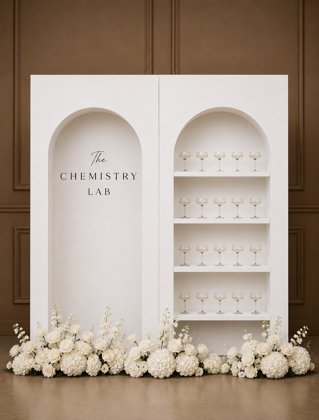 White Arch Display Wall with Shelving for Hire