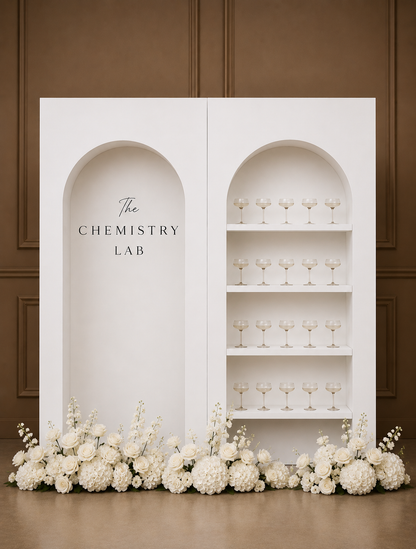 White Arch Display Wall with Shelving for Hire