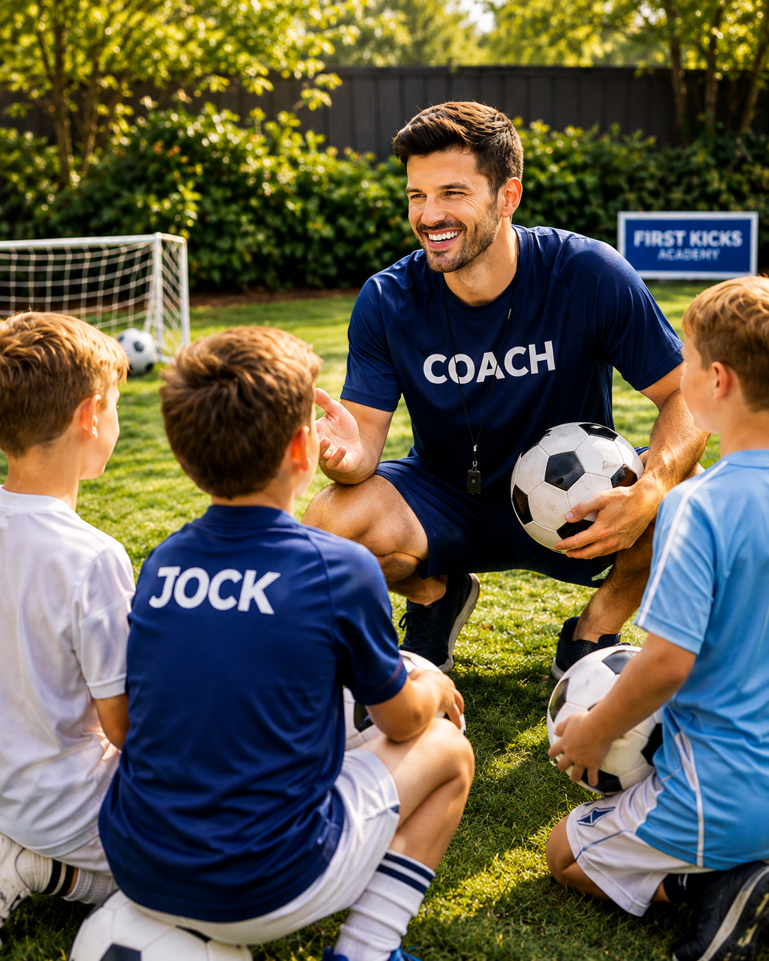 A smiling soccer coach in a navy blue 'COACH' t-shirt crouches on a grassy field with four children wearing matching or related soccer uniforms, holding soccer balls. A 'FIRST KICKS ACADEMY' sign is visible in the background.