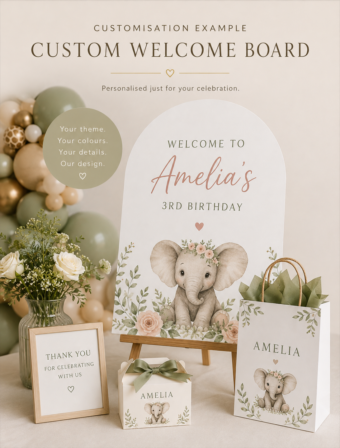 A styled welcome board set for a birthday celebration, featuring a large arched sign with an elephant illustration and the text 'Welcome to Amelia's 3rd Birthday,' plus matching gift bags, a thank-you card, and balloon decorations. The top text reads 'Customisation Example Custom Welcome Board.