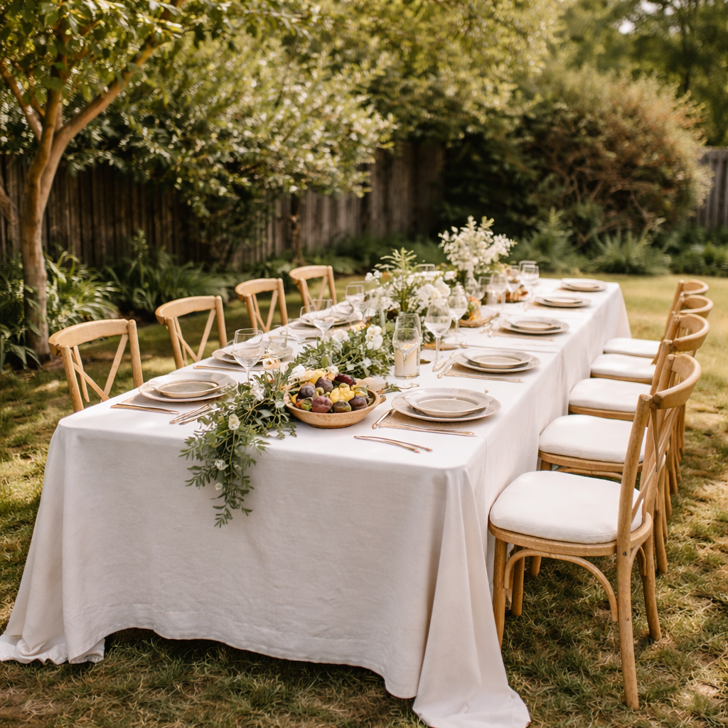 Dining table set for a meal outdoors with chairs and floral arrangements.