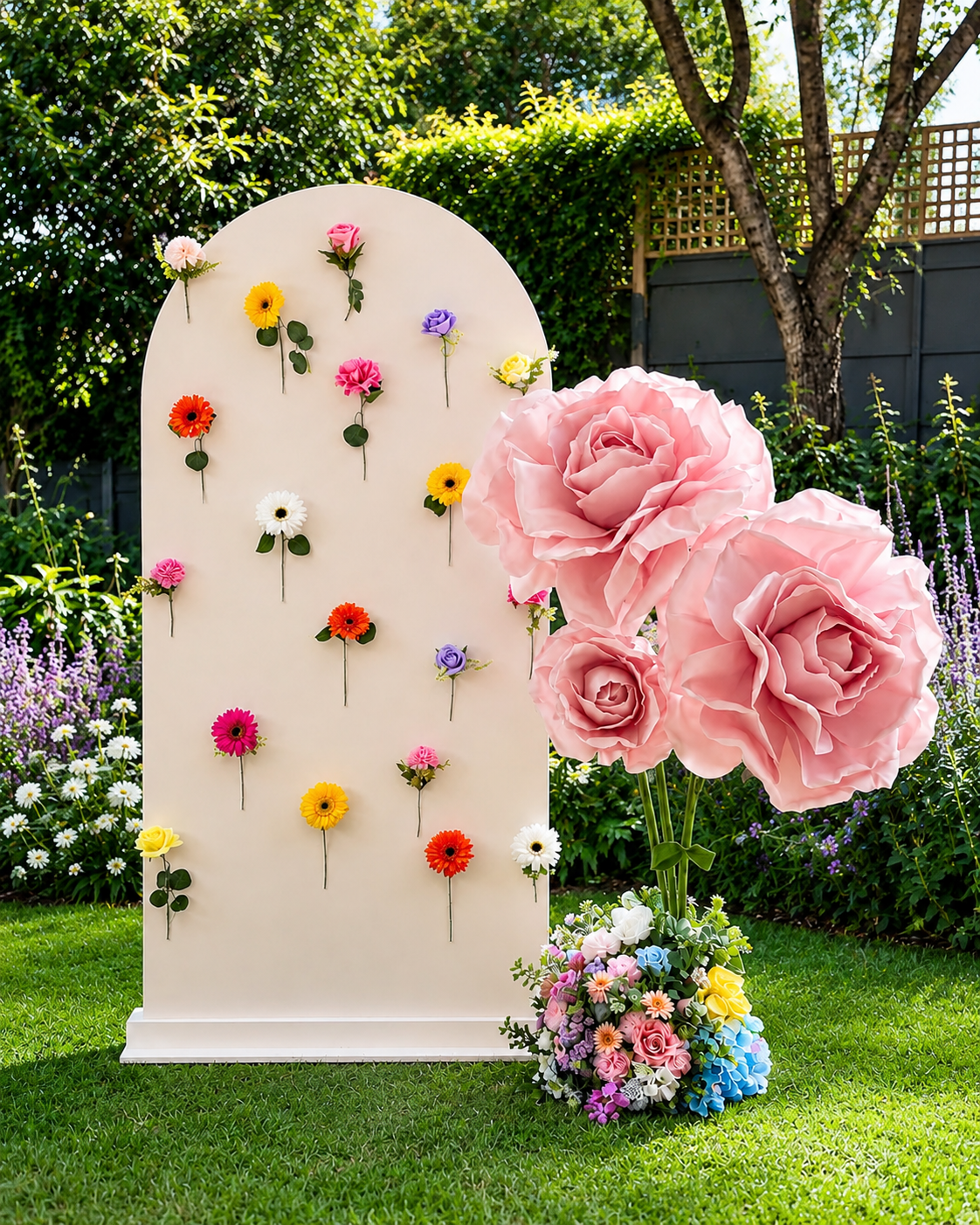 Flower Wall Backdrop with Bud Vase Display for Hire