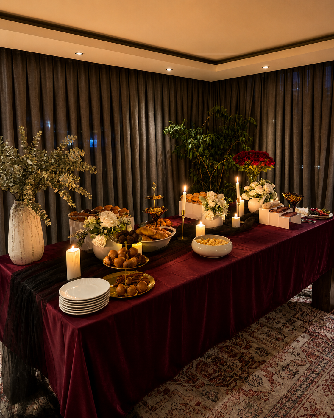 A long table draped in a deep burgundy tablecloth, styled with candles, white plates, bowls of food, and floral arrangements in a warmly lit indoor setting with dark curtains in the background.