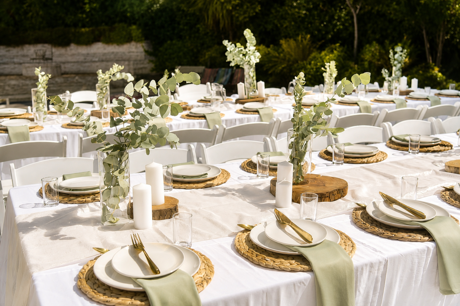 Outdoor event tables set with white tablecloths, white plates, white napkins, woven placemats, clear glassware, and tall greenery centerpieces.