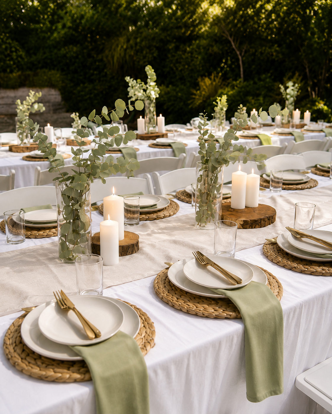 Outdoor wedding table setting with white tablecloths, woven round placemats, white plates, gold-toned cutlery, lit pillar candles, and greenery arrangements on white chairs.