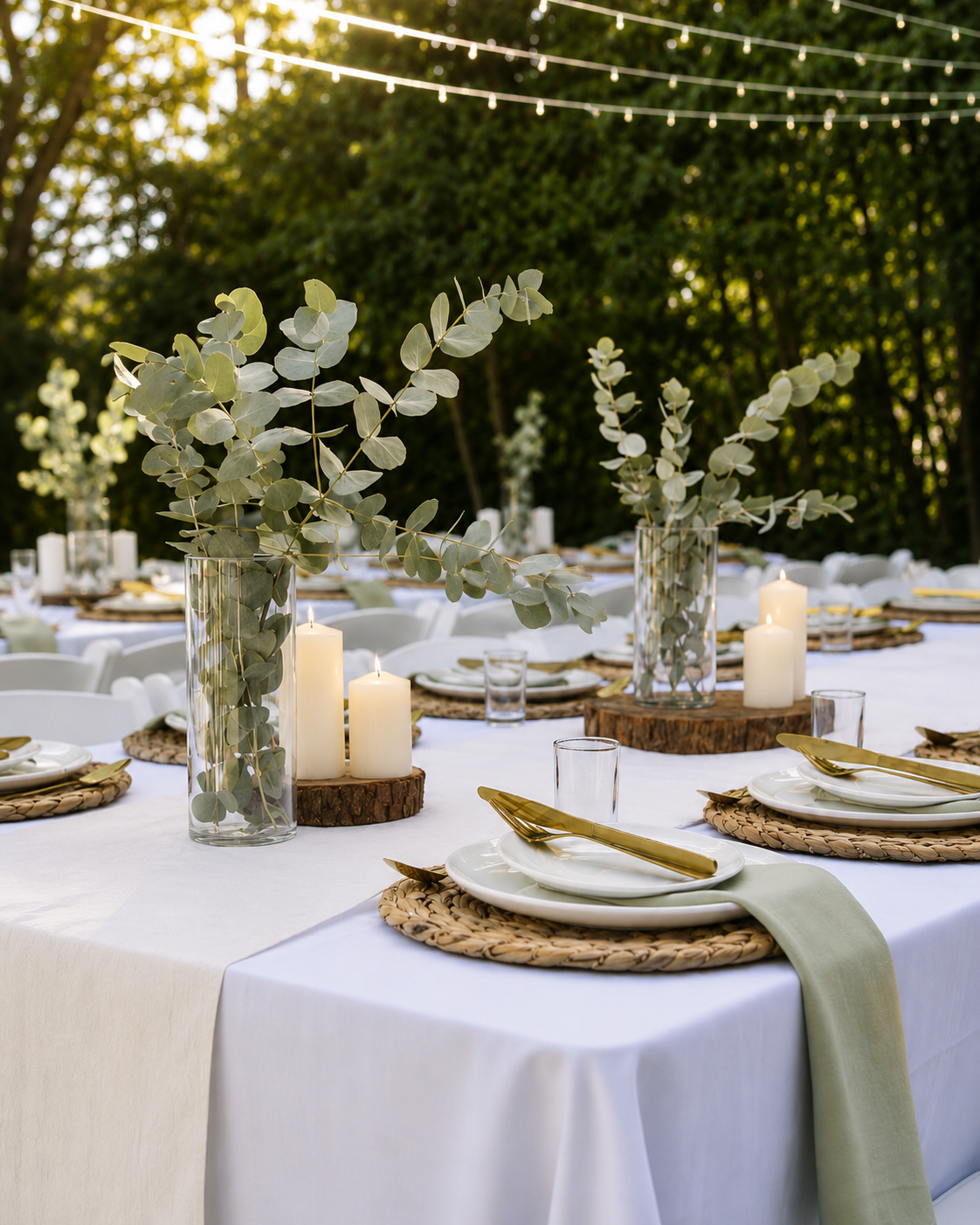 Outdoor wedding table setting with white tablecloths, woven placemats, white plates, gold flatware, lit pillar candles, and clear glass vases holding eucalyptus branches, with blurred green trees and string lights in the background.