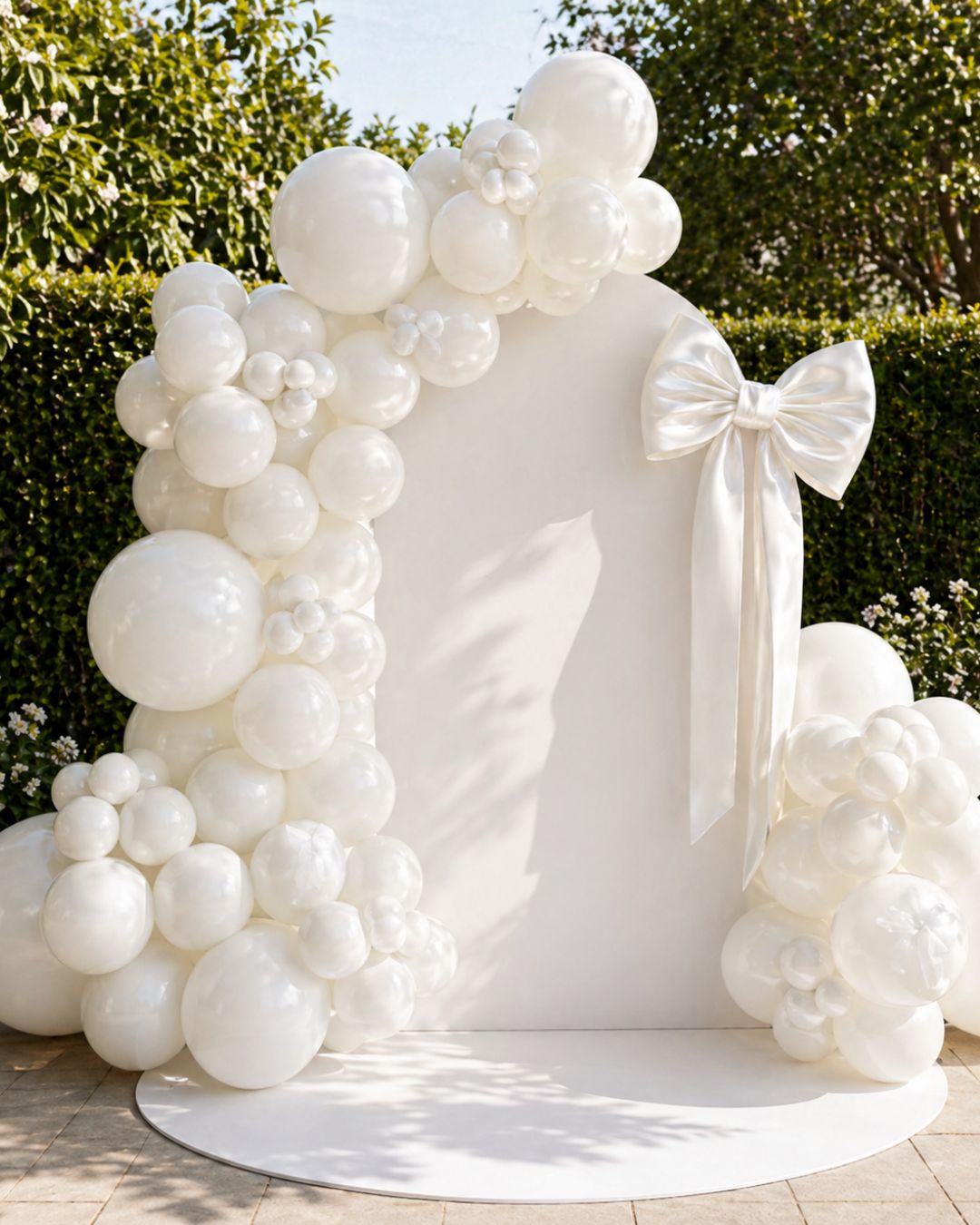 Luxury White Balloon Backdrop with Satin Bow setup