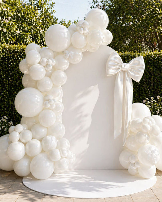 Luxury White Balloon Backdrop with Satin Bow setup