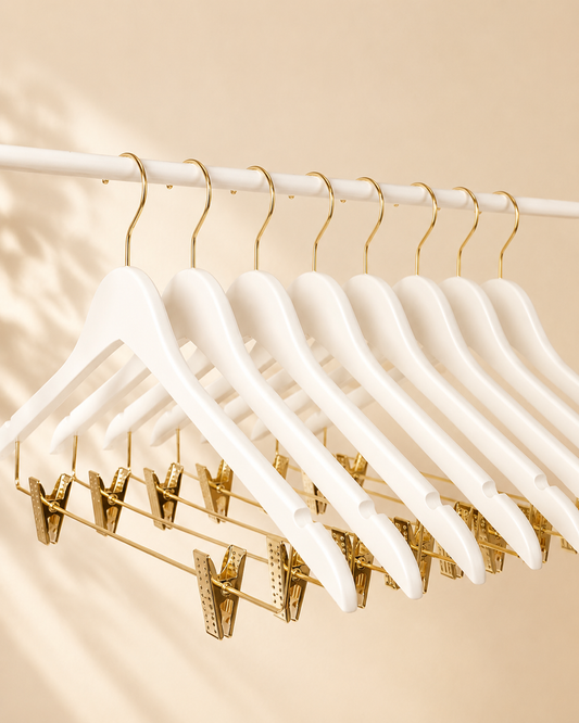 Luxury White & Gold Clothing Hanger Set (10 Piece) for Hire