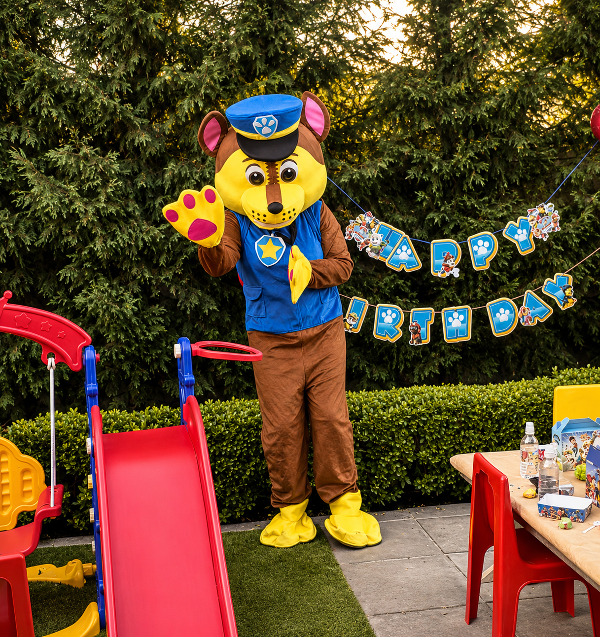 A person in a Paw Patrol character costume stands outdoors at a children's party waving. The costume features a yellow lion face, blue vest and hat, brown pants, and yellow shoes.
