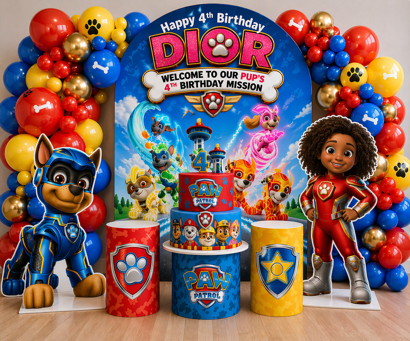 Birthday party setup with Paw Patrol theme, balloons, and character cutouts.
