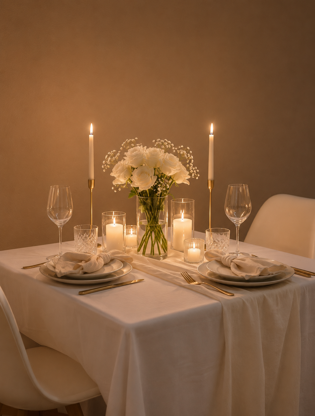 A beautifully set dining table with a white tablecloth, white plates, folded napkins, wine glasses, gold cutlery, and a central floral centerpiece with lit candles in glass holders, set against a warm beige wall.