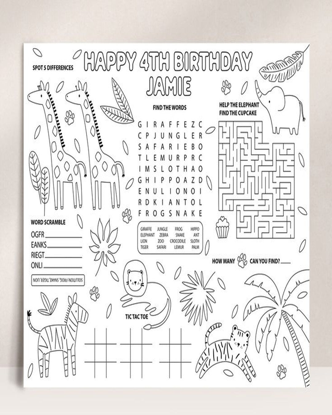 Custom Safari A3 Activity Placemat