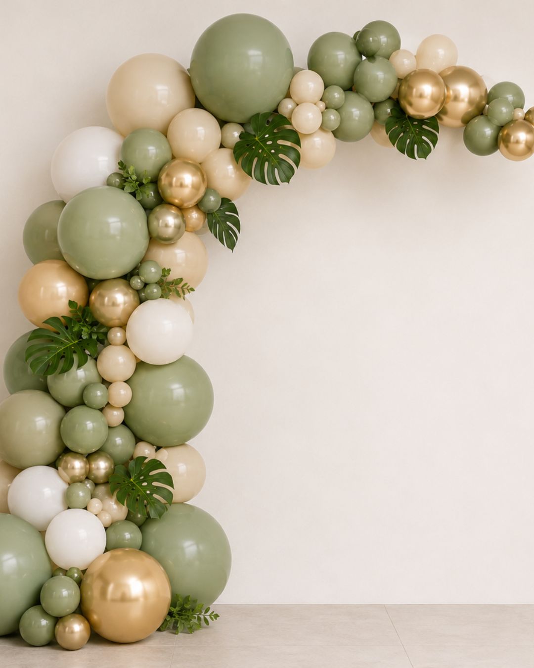A decorative balloon garland arch in muted sage green, cream, white, and metallic gold, accented with green monstera and fern leaves, set against a plain light beige wall.