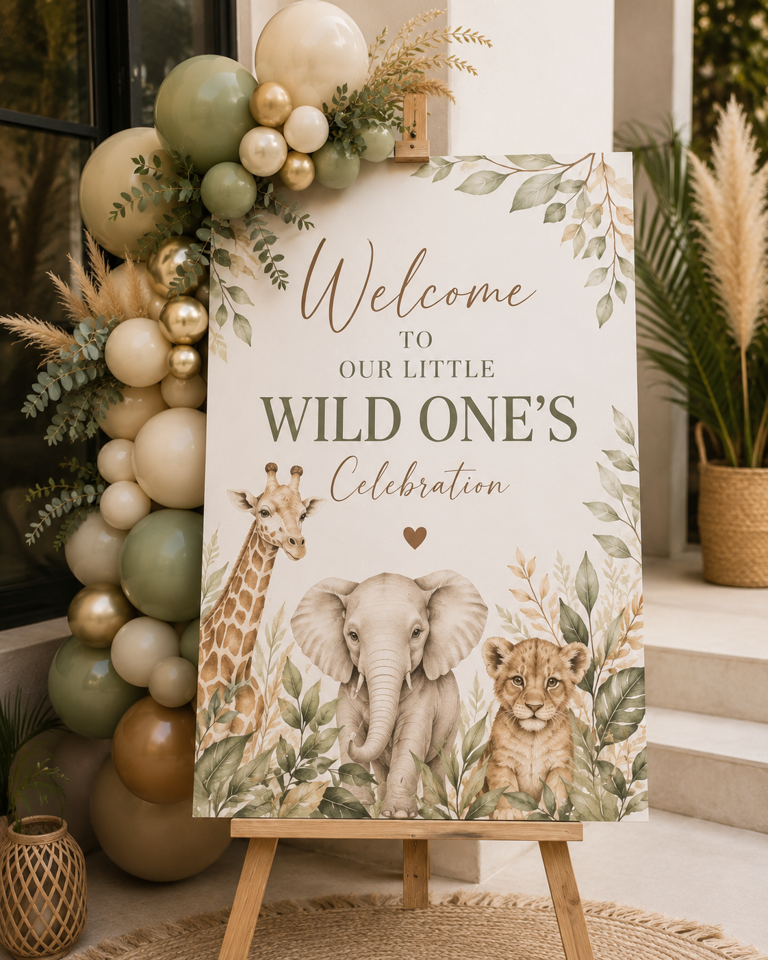 A decorative welcome sign for a child's wild one birthday celebration on a wooden easel, featuring watercolor illustrations of a giraffe, elephant, and lion with green foliage and gold-toned lettering. The sign is styled in a decorated event space with a balloon garland and pampas grass.
