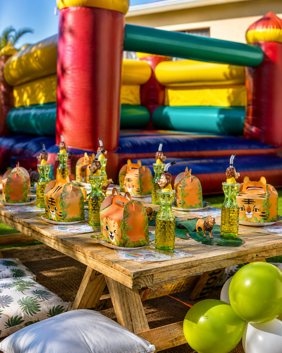 A children's party setup with colorful animal-themed paper lanterns and green glass candle holders on a wooden table, with a large inflatable bounce house in the background.