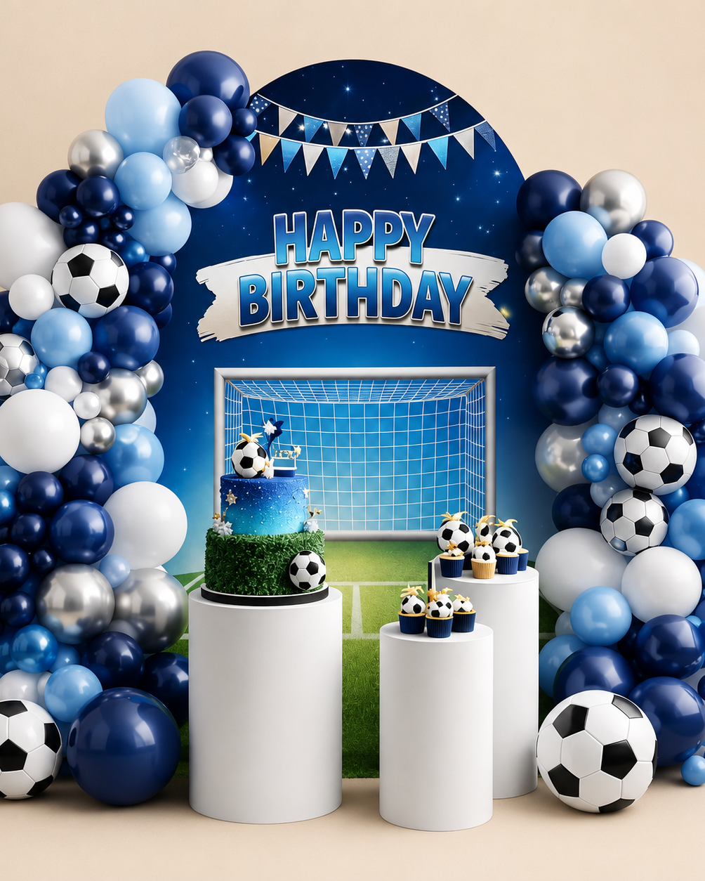 Birthday party setup with blue and white balloons, soccer-themed decorations, and a 'Happy Birthday' sign.