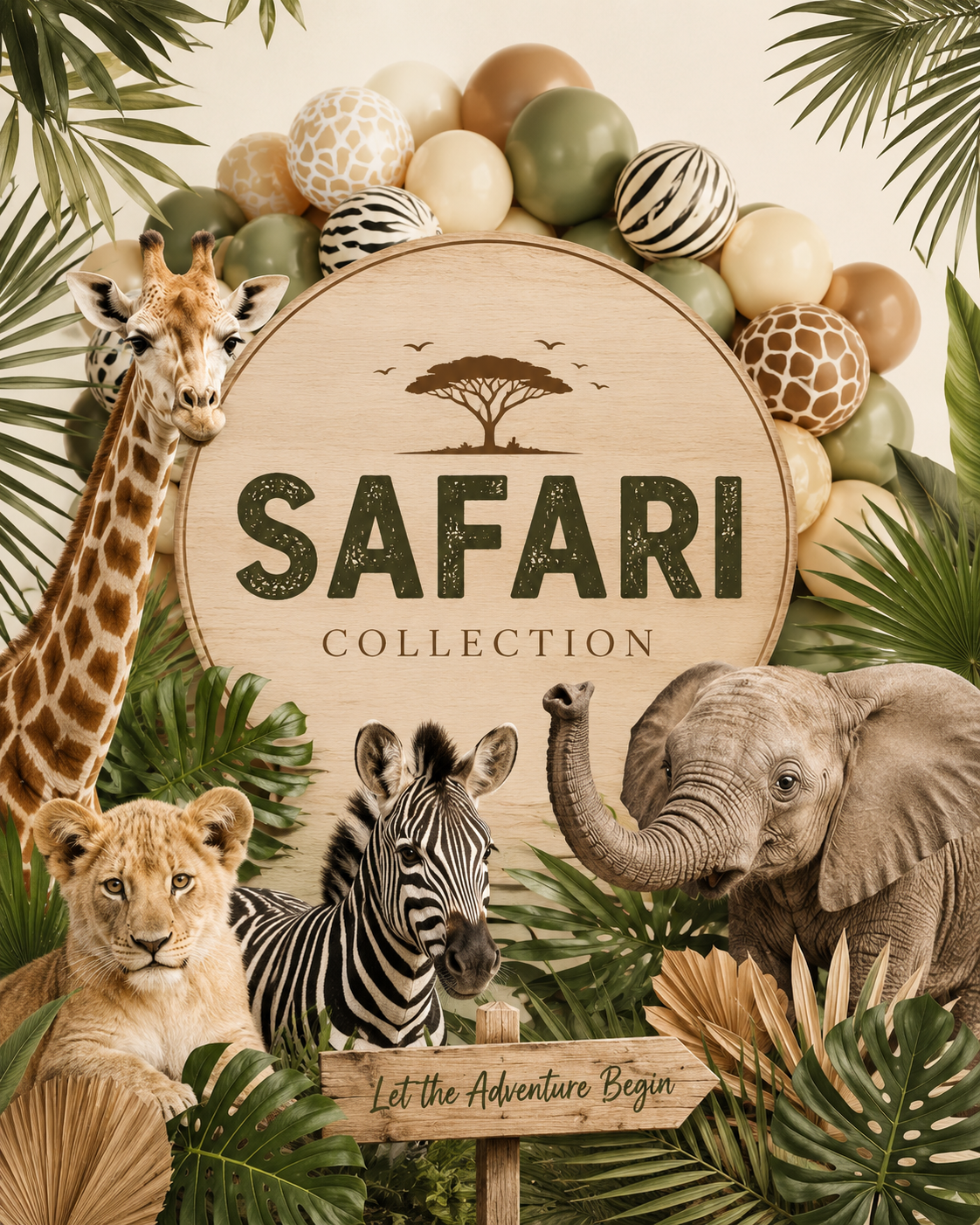 Decorative sign with 'Safari Collection' surrounded by animals and balloons on a beige background.