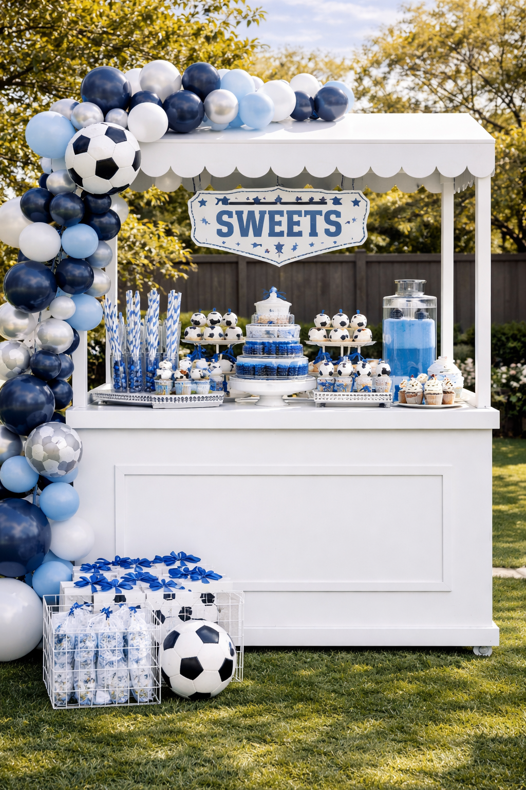 A white outdoor dessert cart decorated for a soccer-themed party, with blue and white balloons, a soccer ball garland, a blue-and-white cake, candy stands, and a sign reading 'SWEETS' on a grassy lawn.