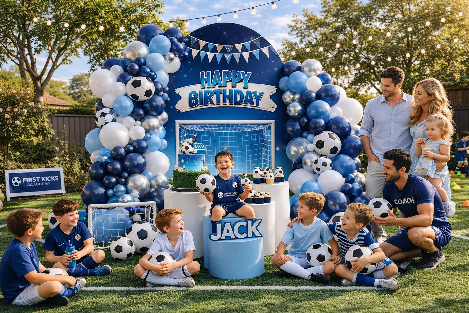 A family birthday party setup in a backyard with a large blue and white balloon arch, soccer ball decorations, a small goal, and a child sitting on a pedestal labeled 'JACK'. Multiple children and adults are gathered around the setup, and a sign reading 'FIRST KICKS' is visible on the left.