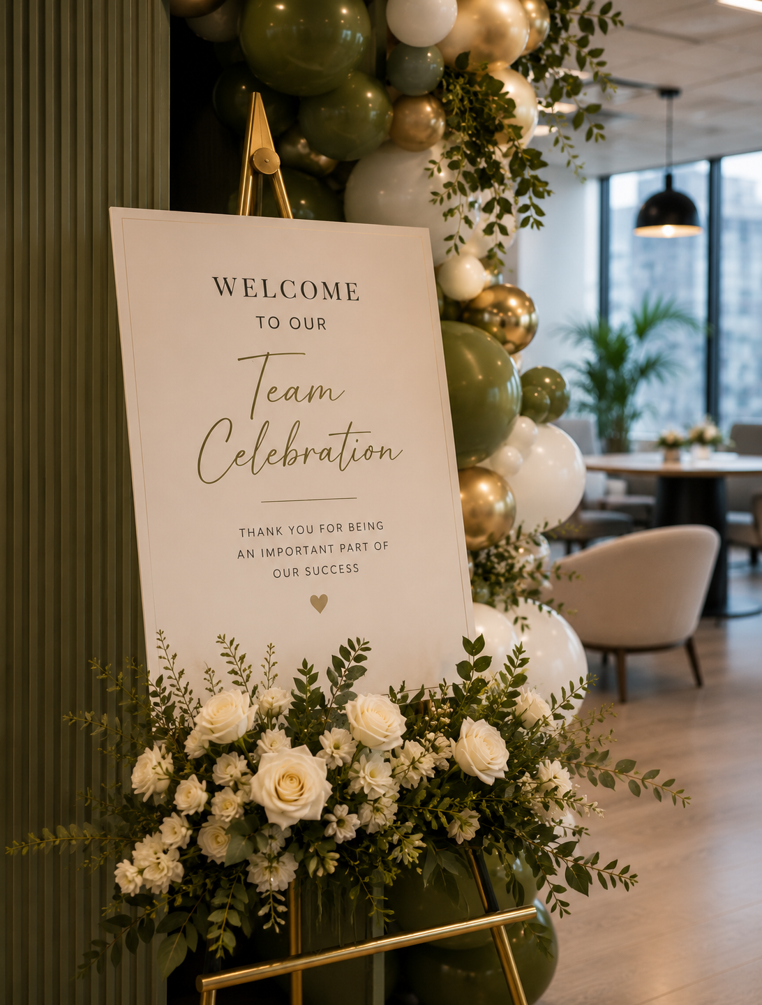A vertical white welcome sign with elegant black and gold script text reading 'Welcome to our Team Celebration,' displayed on a gold stand in front of a green, white, and gold balloon arch with floral arrangements in a modern indoor event space.