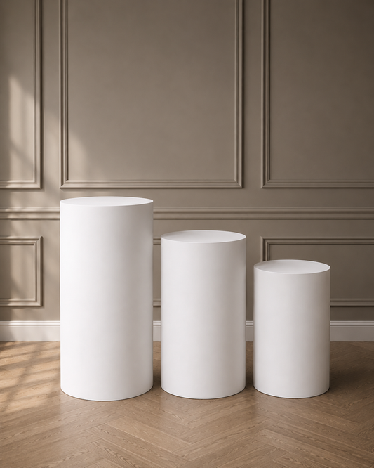 White Round Plinth Set to Hire