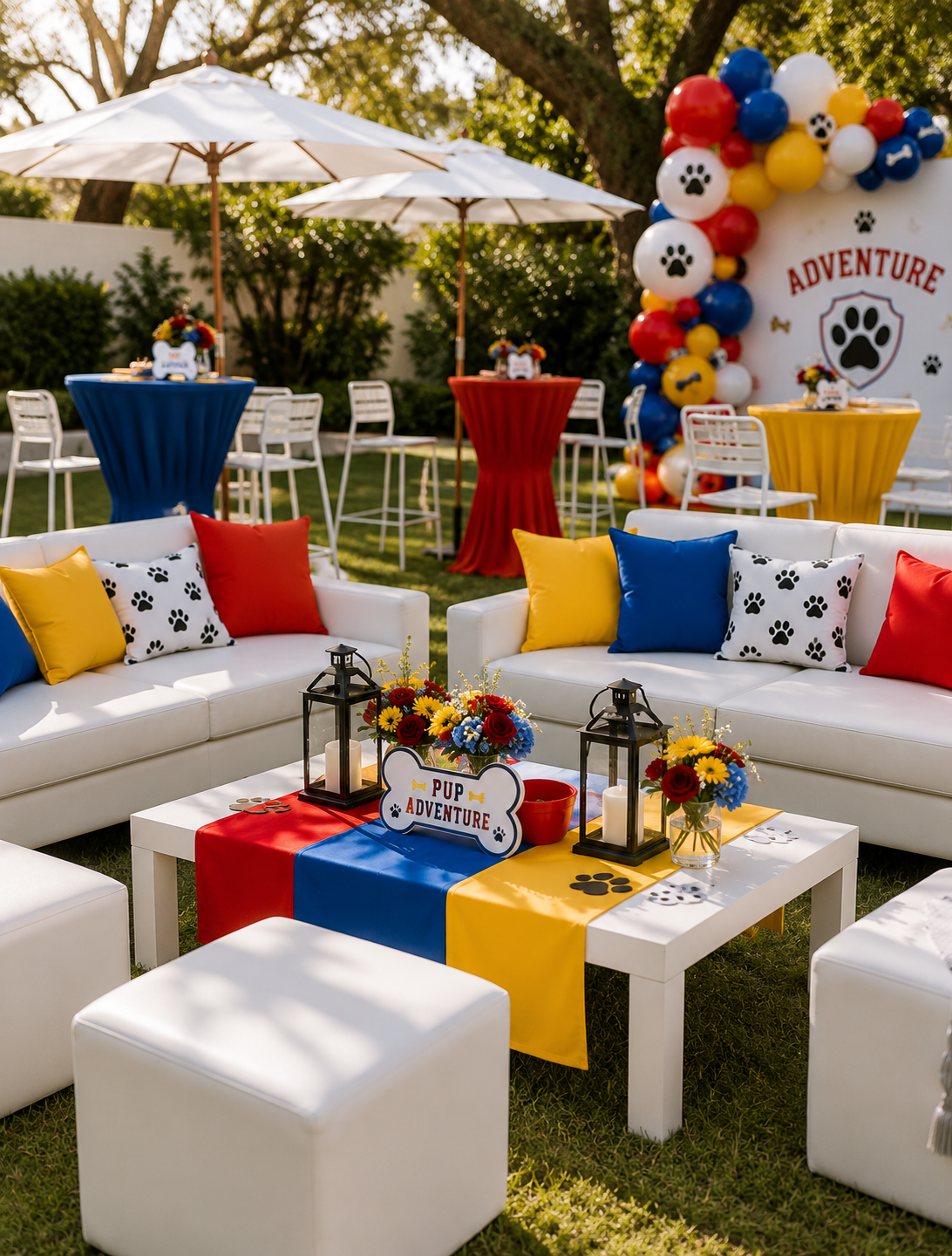 Outdoor party setup with white sectional sofas, colorful throw pillows, a white coffee table with red, blue, and yellow runners, white ottomans, and a large balloon arch reading 'PUP ADVENTURE' in a grassy backyard.
