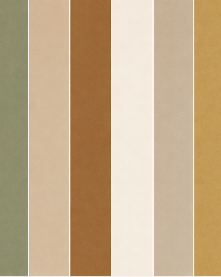 A vertical color palette graphic with seven warm neutral and earthy vertical bands above circular material swatches. The top colors include muted sage green, beige, camel brown, off-white, cream, mustard yellow, and dark brown.