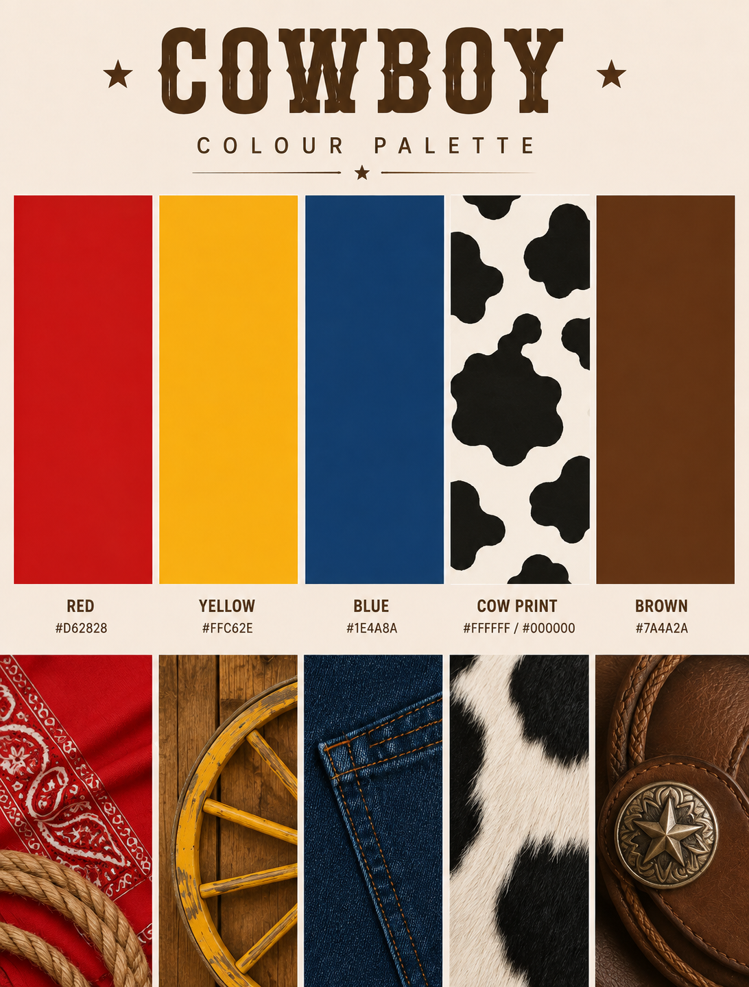 A western-themed color palette graphic titled 'COWBOY COLOUR PALETTE' on a beige background. It shows six vertical color blocks with labels: red, yellow, blue, black-and-white cow print, and brown, plus small lifestyle-style imagery below including a red bandana, wooden wagon wheel, blue jeans, cow print fabric, and a leather western snap with a star emblem.