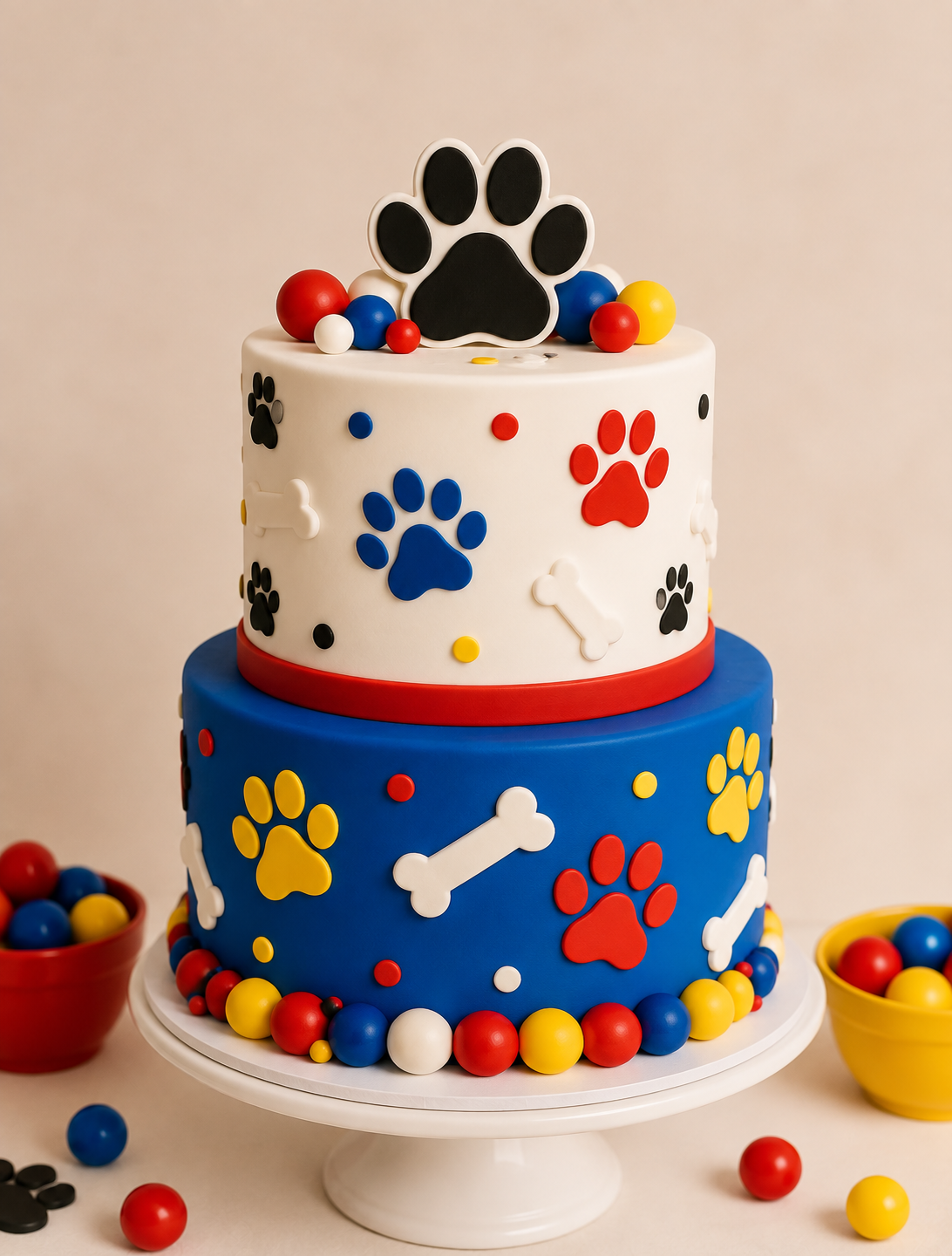 A two-tiered pet-themed cake on a white pedestal stand, decorated with blue, white, and red sections, paw prints, bones, and colorful candy-like balls, topped with a large black paw print topper.