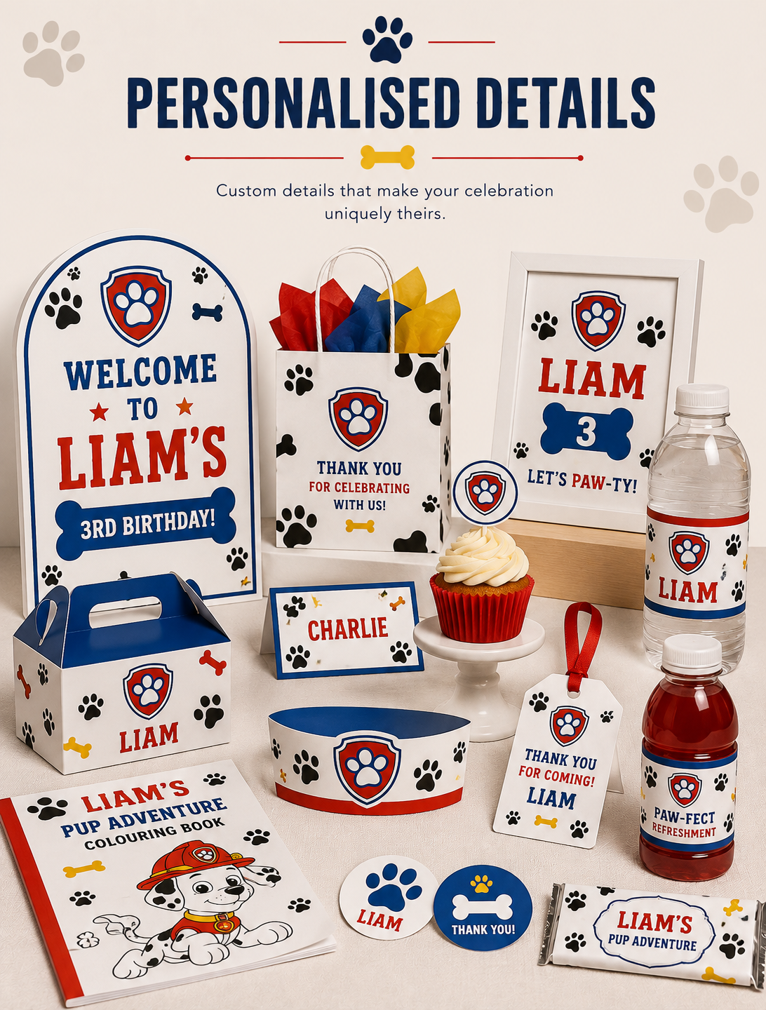 A set of custom dog-themed party decorations and tableware shown on a light beige background with the headline 'PERSONALISED DETAILS.' The items include a welcome sign, gift bag, box, cupcake topper, bottle, tags, hat, bowl, and coloring book, all printed with paw prints, dog illustrations, and customizable text such as Liam's name and birthday number.