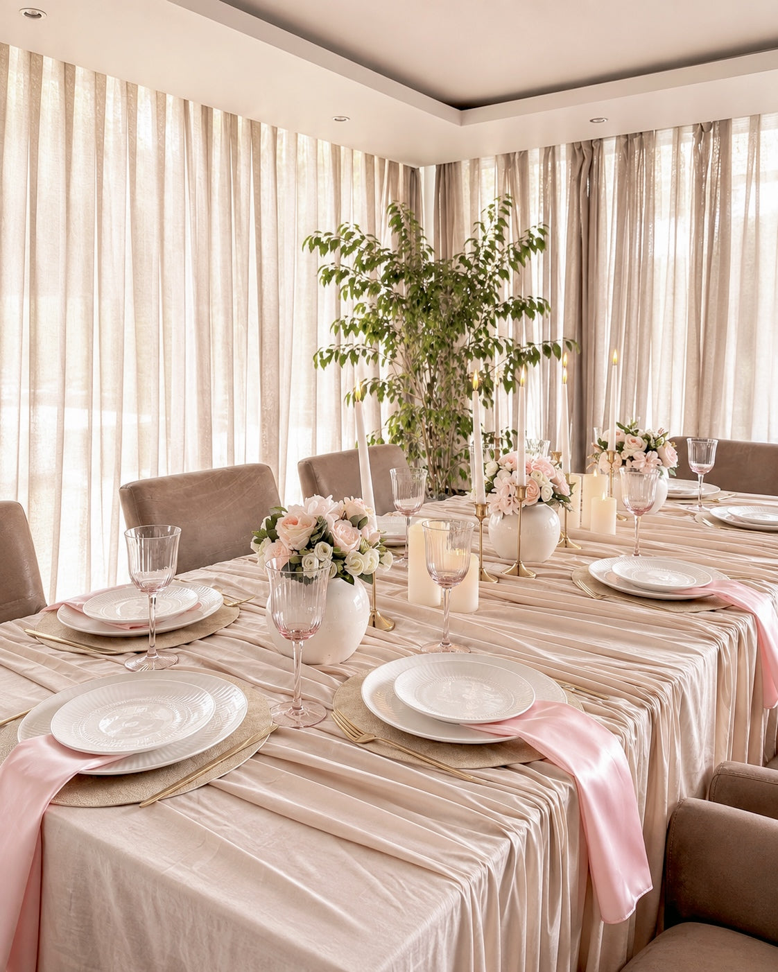 A long dining table set for a formal event in a bright room with sheer beige curtains. The table is draped in a champagne-beige tablecloth, decorated with pink satin napkins, white plates, clear wine glasses, and floral centerpieces with pink roses and green foliage.