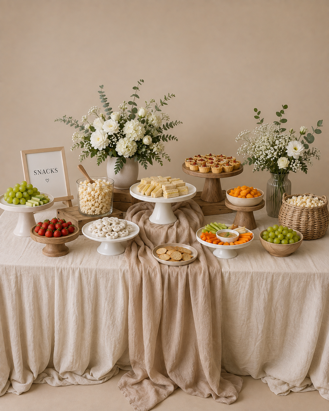 A styled dessert and snack table draped in beige fabric, set against a warm beige wall. The table is decorated with white and green floral arrangements, bowls of grapes, strawberries, nuts, cookies, and a dip dish, with a small sign reading 'SNACKS'.