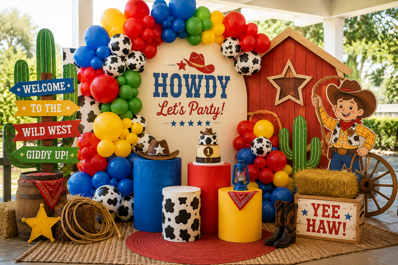 A colorful Western-themed party setup with a large balloon arch, a red barn sign, cowboy cutout, cactus signs, cow-print cups, hay bale decor, and a 'Howdy Let's Party!' backdrop.
