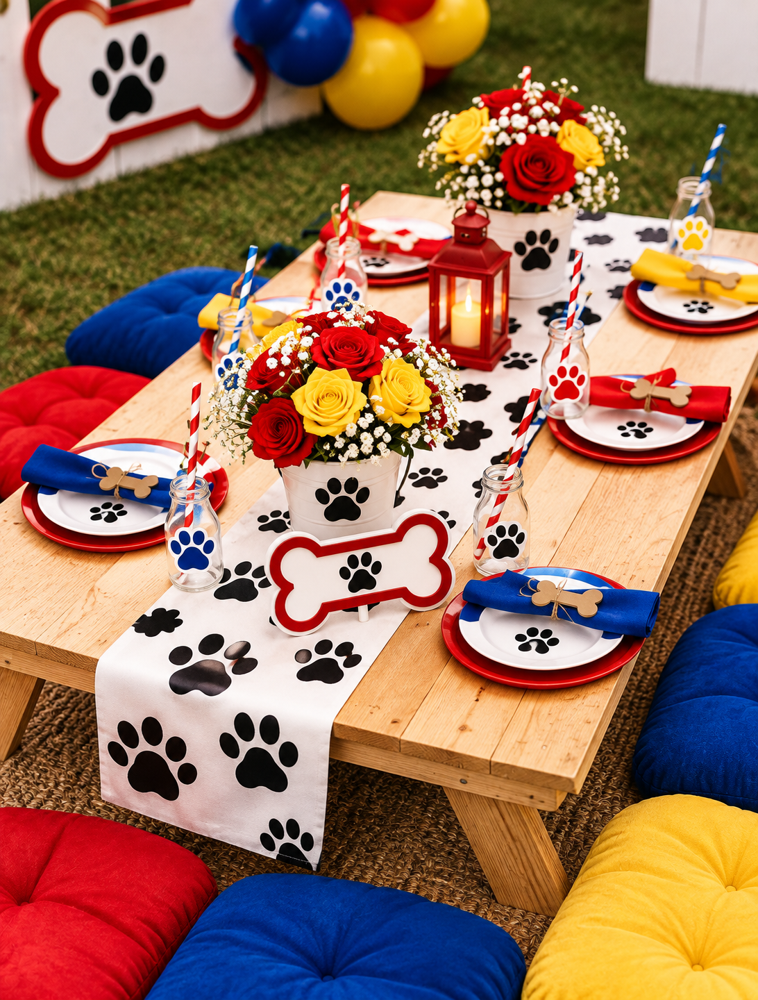 A styled pet-themed outdoor party table setup with a wooden picnic table covered in a white table runner printed with black paw prints. The table is set with red and white plates, blue napkins with wooden dog bone picks, red and yellow flower arrangements, and red, white, and blue straws.