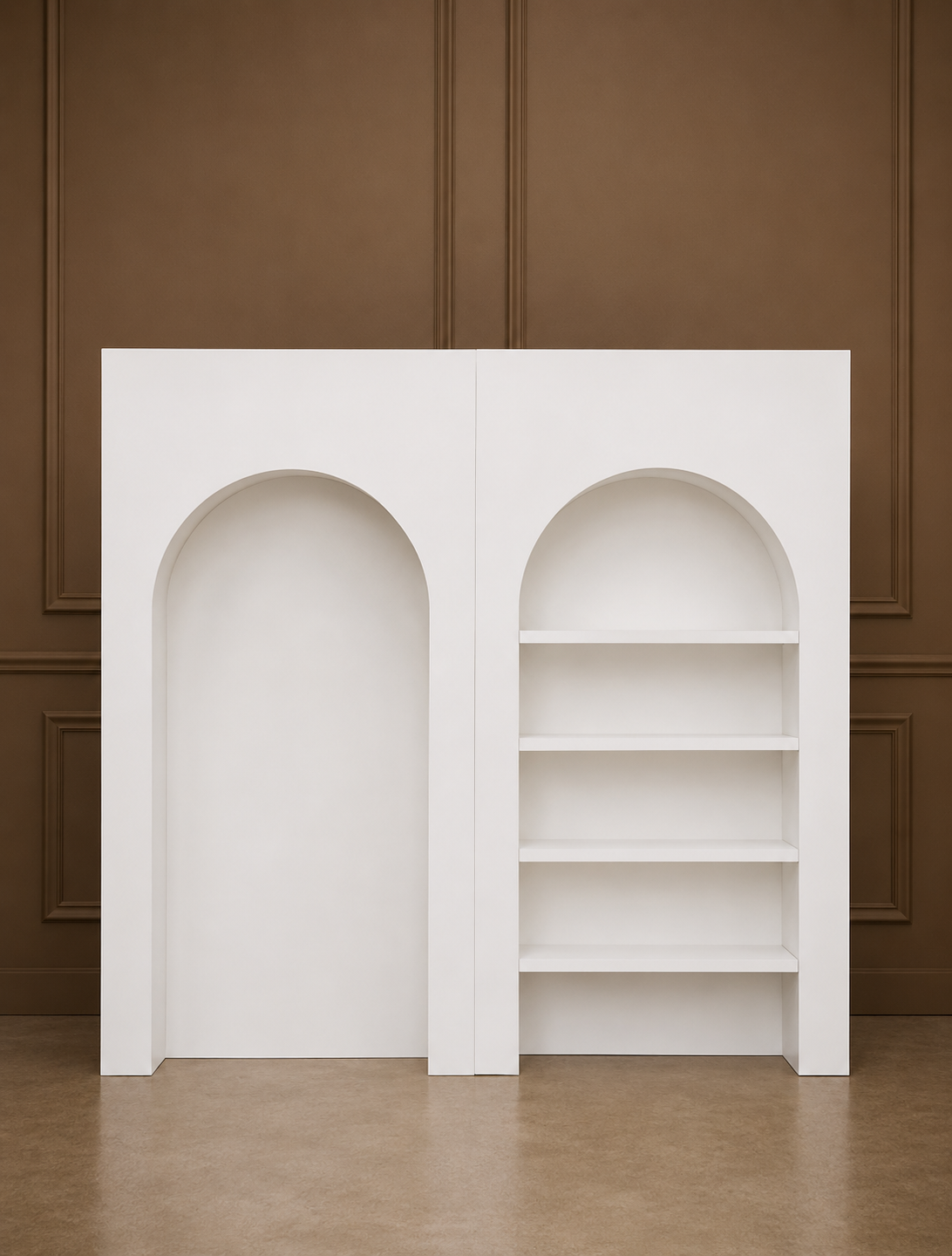 White Arch Display Wall with Shelving for Hire