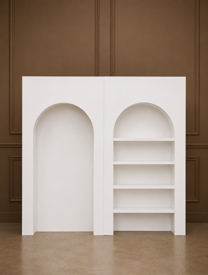White Arch Display Wall with Shelving for Hire