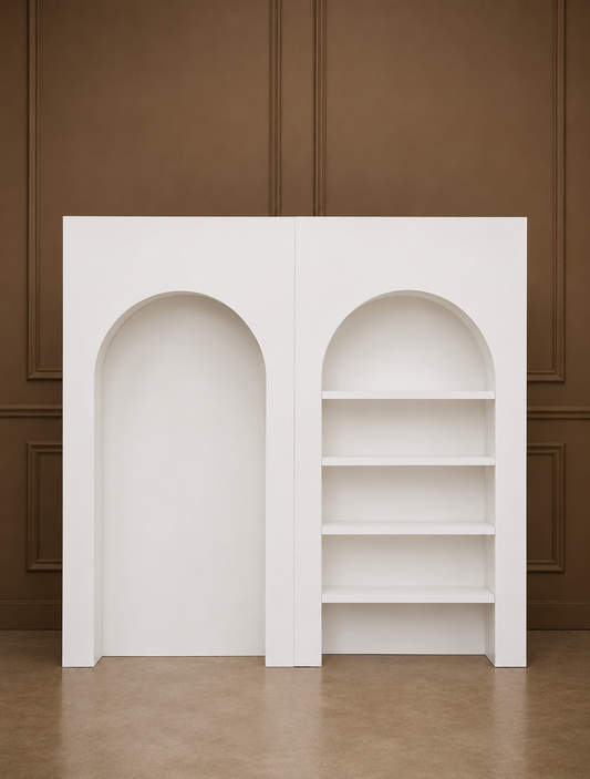 White Arch Display Wall with Shelving for Hire