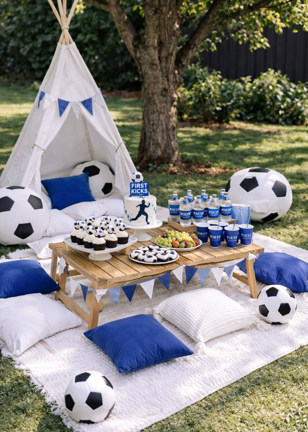 Outdoor first-kegger party setup under a tree with a white teepee, soccer balls, blue and white pillows, a wooden table with cupcakes, drinks, and a 'First Kick' sign on a white blanket.