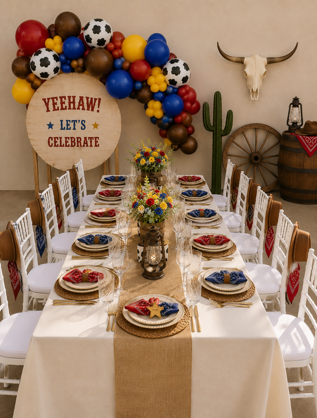 A styled outdoor dining table setup for a Western-themed birthday party, featuring a long table with white chairs, red, white, and blue plates, a burlap runner, and a central floral arrangement. A large balloon arch in red, blue, yellow, brown, and black sits behind a wooden sign reading 'YEEHAW! LET'S CELEBRATE'