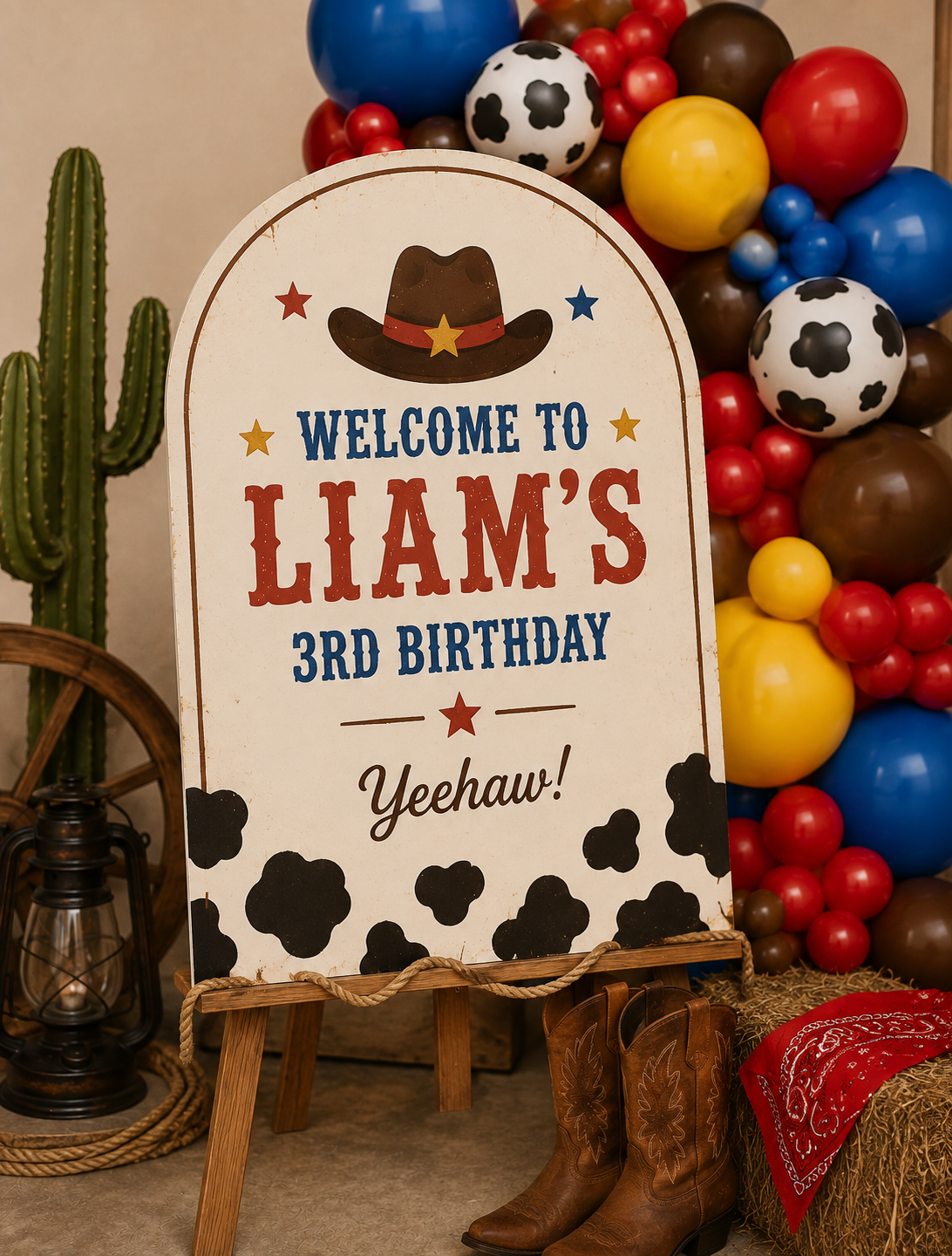 A rustic western-themed wooden sign on a small stand that reads 'WELCOME TO LIAM'S 3RD BIRTHDAY Yeehaw!' with a cowboy hat and cow-print border. The sign is styled in a party setting with a balloon garland, cactus, lantern, cowboy boots, and hay bale.
