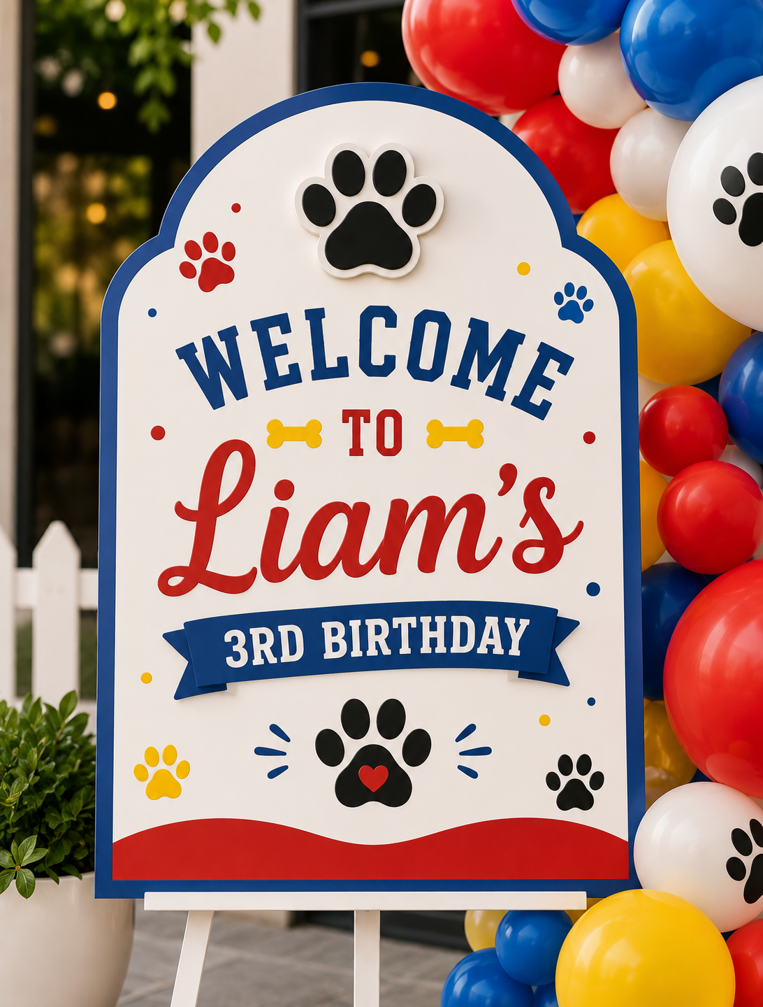A custom pet-themed 3rd birthday welcome sign reading 'WELCOME TO Liam's 3RD BIRTHDAY' on a white arched plaque with red and blue lettering, black paw prints, and small yellow bone accents. The sign is displayed on a white easel stand, with a background of red, white, and blue balloons.